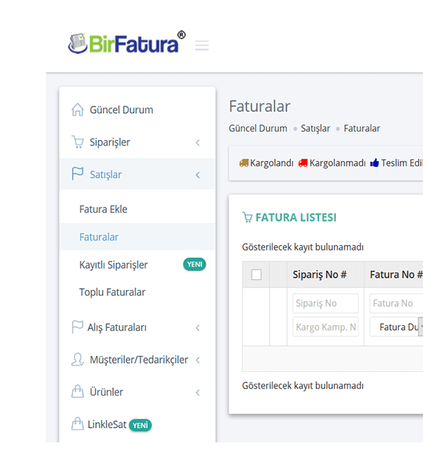 Bir Fatura paneli — siparişler ve faturalar